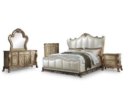 Bedroom nightstand set bed, 5-piece, Rococo baroque antique style bed, wood