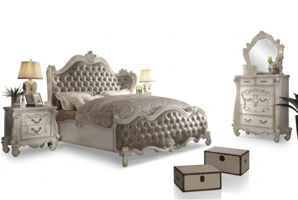 Classic bedroom set: bed, nightstand, dresser, mirror, 5 pieces.
