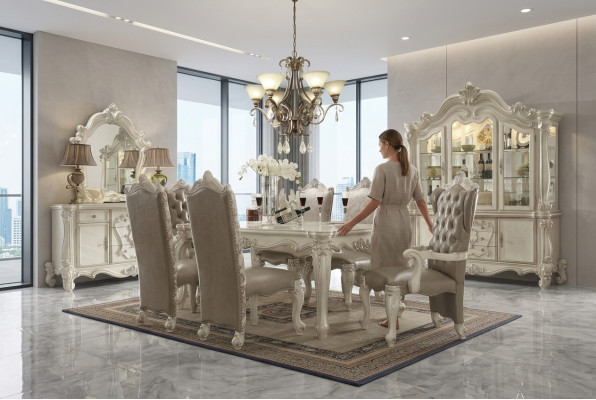 White dining room set designer ensemble dining table chairs sideboard mirror