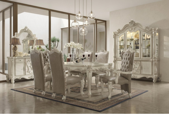 White dining room set designer ensemble dining table chairs sideboard mirror