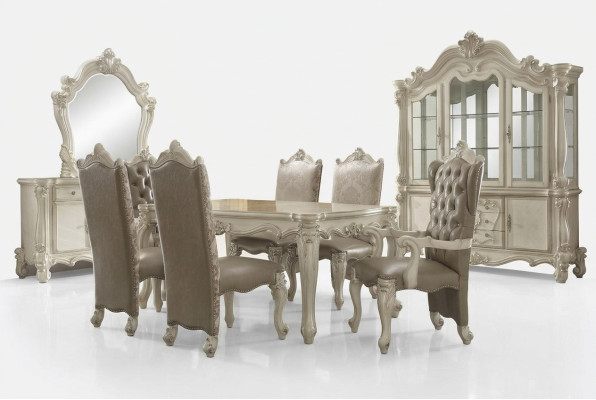 White dining room set designer ensemble dining table chairs sideboard mirror