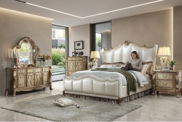 Chesterfield Set 3-Piece Suite Bed + 2x Bedside Tables Baroque Style Bedroom