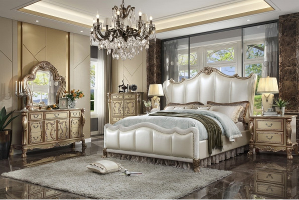 Chesterfield Set 3-Piece Suite Bed + 2x Bedside Tables Baroque Style Bedroom