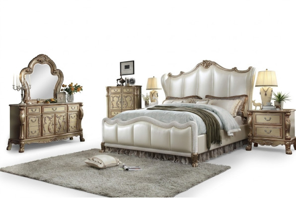 Chesterfield Set 3-Piece Suite Bed + 2x Bedside Tables Baroque Style Bedroom