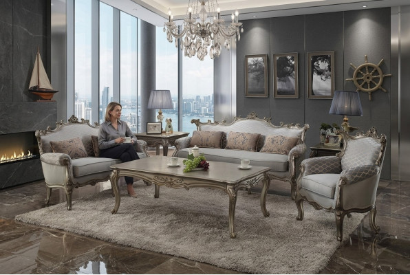 Golden sofa set 3+2+1 seater 2x side table coffee table 6-piece living room