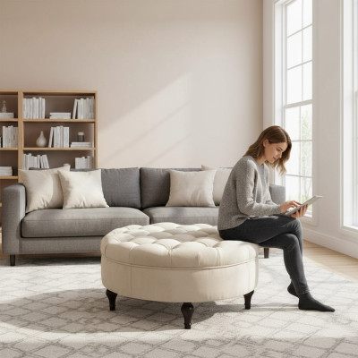 Round Chesterfield Upholstered Stool Footstool Ottoman Round Sofa Side New