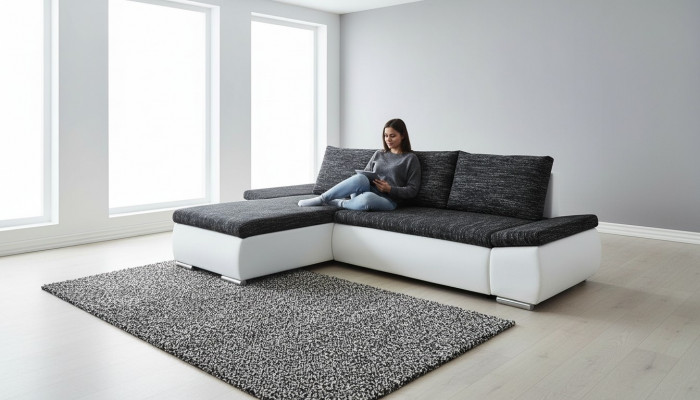 Modern design L-shaped corner sofa with bed function, leather textile couches new.