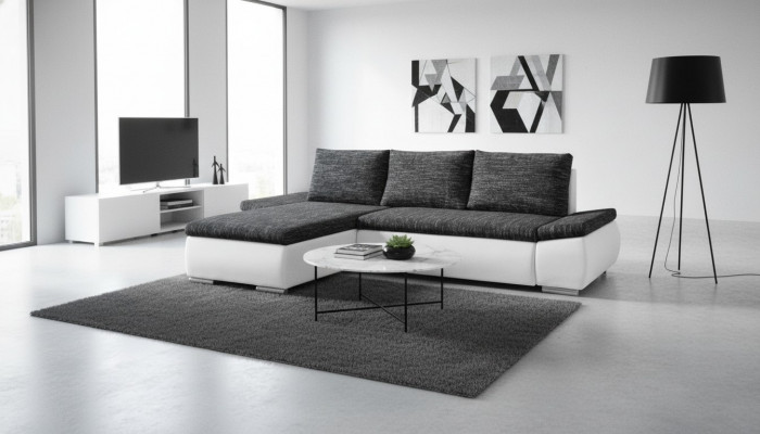 Modern design L-shaped corner sofa with bed function, leather textile couches new.