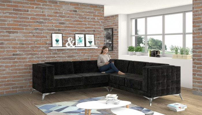 Black velvet design corner sofa Chesterfield sofa couch living landscape fabric seat
