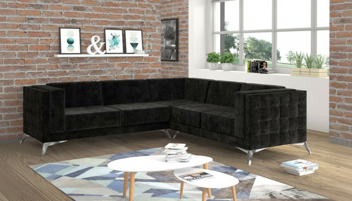 Black velvet design corner sofa Chesterfield sofa couch living landscape fabric seat