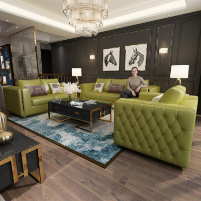 Living room landscape sofa set 3+2+1 seater leather sofa couch set Chesterfield