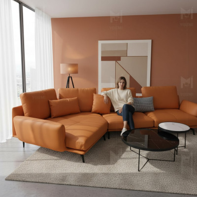 Orange sectional sofa L-shaped living room landscape sofa couch upholstery corner set leather sofas