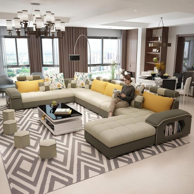 Corner sectional U-shape living landscape sofa couch set upholstery fabric sofas leather