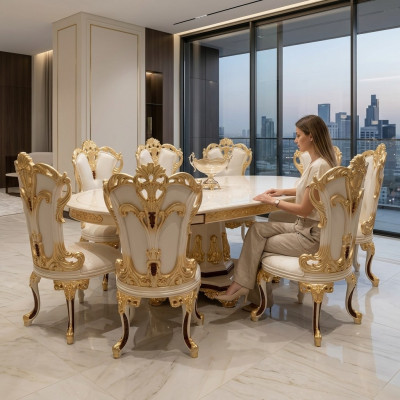 Luxury dining room set dining table 4x chairs wood chair textile dining group set new
