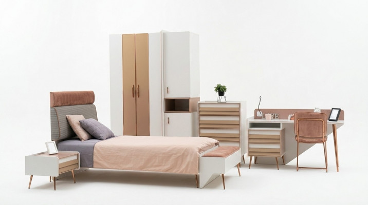 Complete youth bedroom children's room set wardrobe chest of drawers desk 6-piece set.