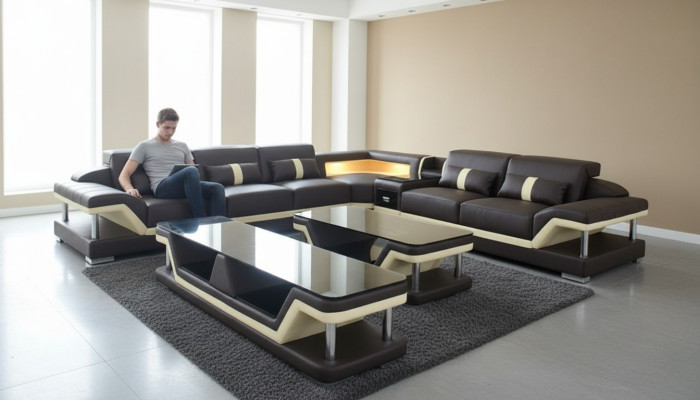 Modern design living area sofa corner sofa upholstered couch TV coffee table leather