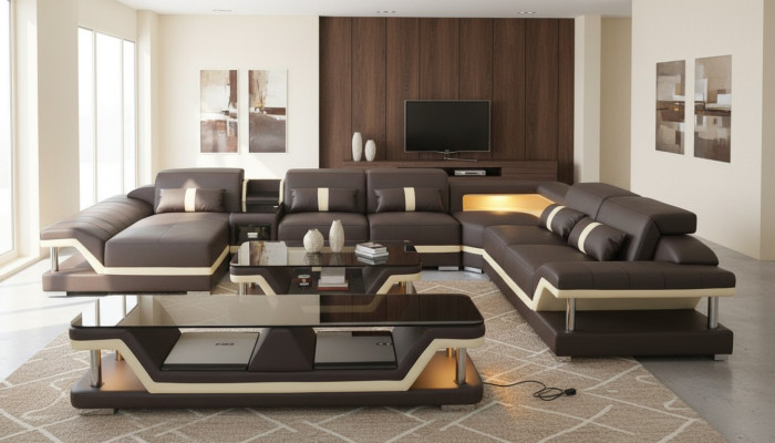 Modern design living area sofa corner sofa upholstered couch TV coffee table leather