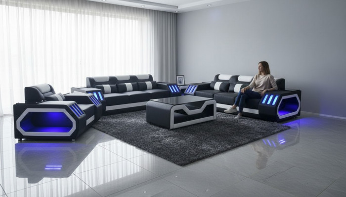 Sofa set Couch Set 3+2+1 + Table Leather Sofa Seat Illuminated Design Upholstery