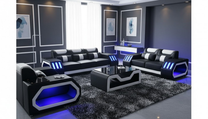 Sofa set Couch Set 3+2+1 + Table Leather Sofa Seat Illuminated Design Upholstery