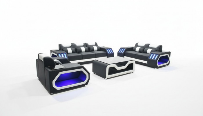 Sofa set Couch Set 3+2+1 + Table Leather Sofa Seat Illuminated Design Upholstery