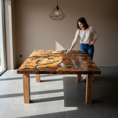 Epoxy resin dining table made of real solid wood furniture, waterfall epoxy table 100x100.