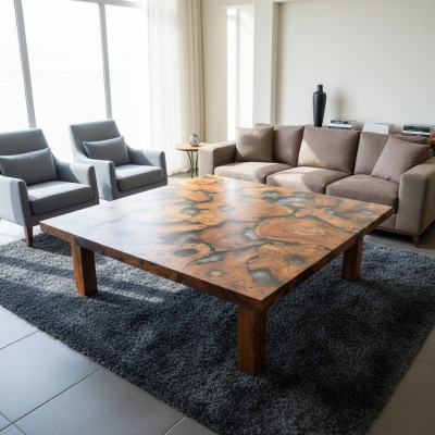 Epoxy resin dining table made of real solid wood furniture, waterfall epoxy table 100x100.