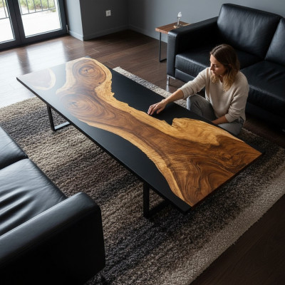 Epoxy resin dining table, real wood solid furniture, waterfall casting resin epoxy table