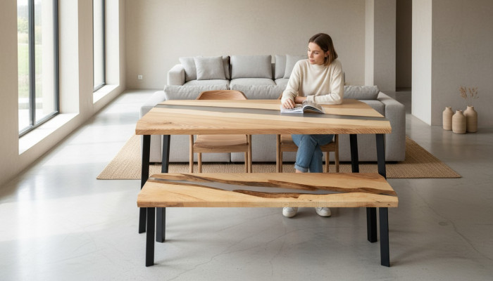 Epoxy Resin Table Bench 2-Piece Set Real Wood Waterfall River Table Group New