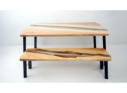 Epoxy Resin Table Bench 2-Piece Set Real Wood Waterfall River Table Group New