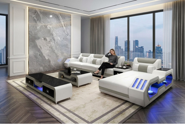 Leather sofa LED illuminated designer corner couch upholstered corner suite sofa 2-piece set