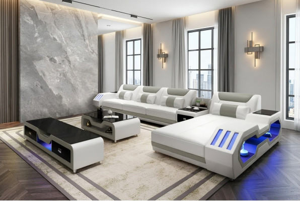 Leather sofa LED illuminated designer corner couch upholstered corner suite sofa 2-piece set