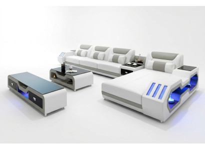 Leather sofa LED illuminated designer corner couch upholstered corner suite sofa 2-piece set