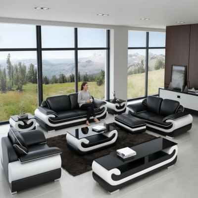 Classic leather sofa set complete 8-piece set living room set table stool