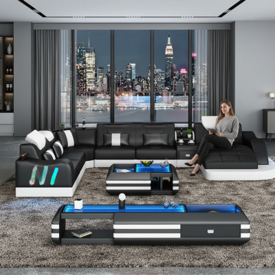 Designer living landscape LED lit corner sofa couch sofa corner set leather sofa