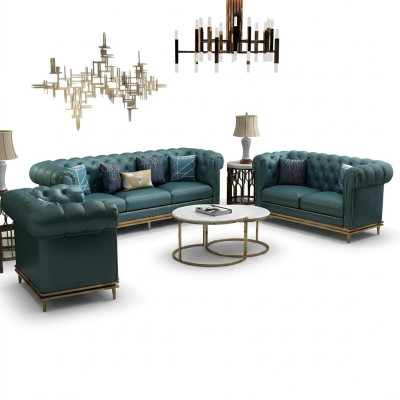 Chesterfield Sofa Set Couch Upholstered Sofa 6-piece Living Room Set Tables