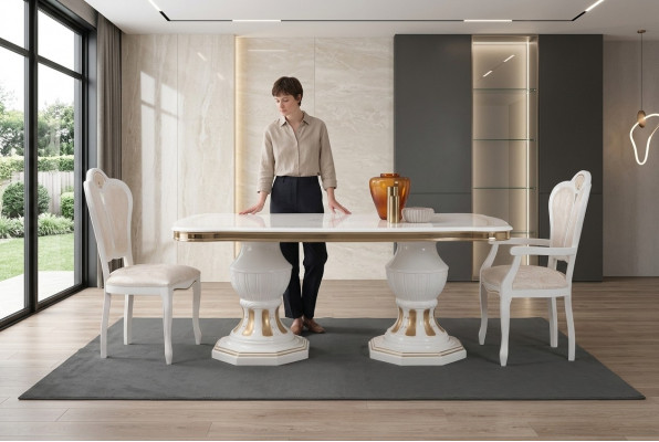 Classic dining table, living room table, Italian table style, furniture white gold