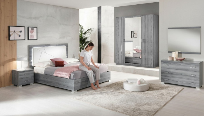 Bedroom set bed, 2 nightstands, dresser, mirror, wardrobe, 6-piece furniture.