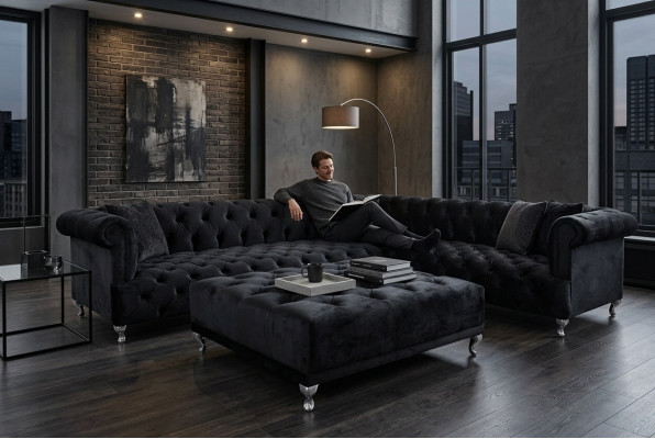Chesterfield design corner sofa upholstered corner suite + ottoman corner couch