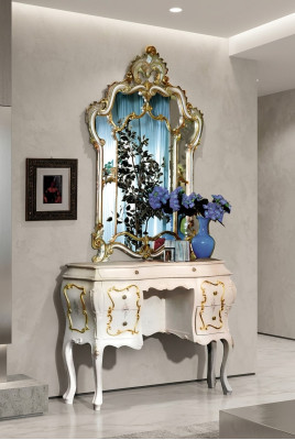 Classic Mirror Dressing Table Console Table White Wood Bedroom Furniture 2pcs