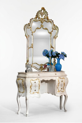 Classic Mirror Dressing Table Console Table White Wood Bedroom Furniture 2pcs