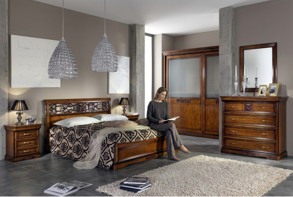 Complete bedroom set brown wardrobe bed nightstand dresser mirror