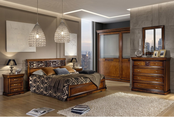 Complete bedroom set brown wardrobe bed nightstand dresser mirror