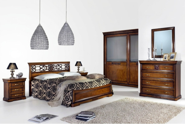 Complete bedroom set brown wardrobe bed nightstand dresser mirror