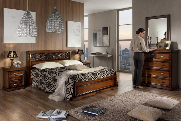 Complete bedroom set wood brown bed 2x bedside table dresser mirror new