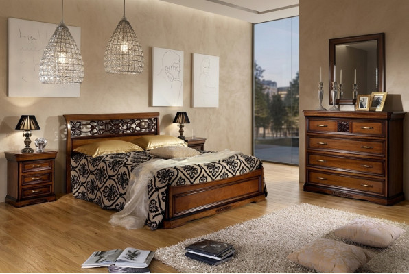 Complete bedroom set wood brown bed 2x bedside table dresser mirror new