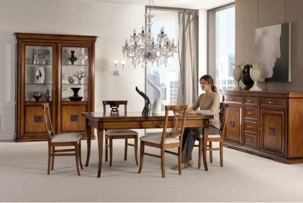 Dining room set 7-piece. Dining table chairs sideboard display case group suite wood brown.