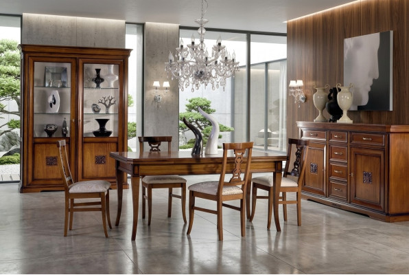 Dining room set 7-piece. Dining table chairs sideboard display case group suite wood brown.