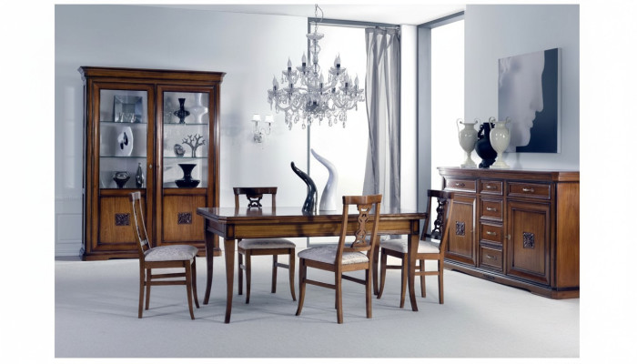 Dining room set 7-piece. Dining table chairs sideboard display case group suite wood brown.