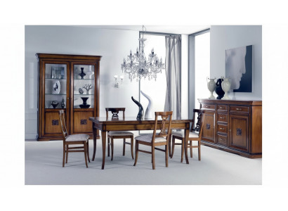 Dining room set 7-piece. Dining table chairs sideboard display case group suite wood brown.