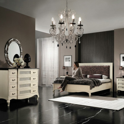Luxury bedroom set, 4-piece. Bed, 2 nightstands, dresser, solid wood furniture, Italy.